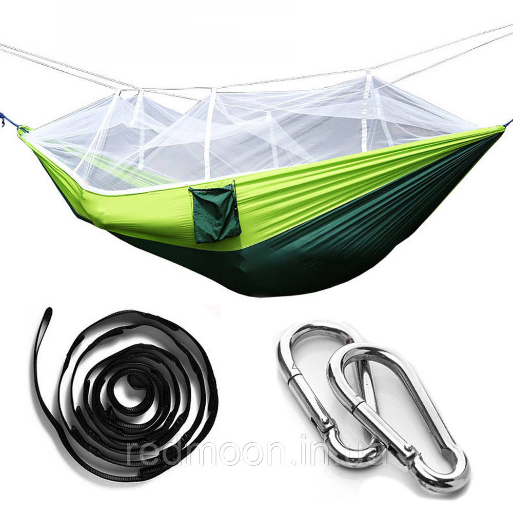 Туристичний гамак до 200 кг з москітною сіткою HAMMOCK NET, Зелений / Похідний підвісний гамак-намет з нейлону, фото 1