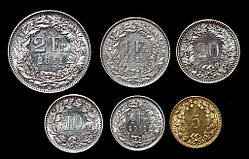 Набір монет Швейцарії 5с+10с+20с+1\2фр+1фр+2фр