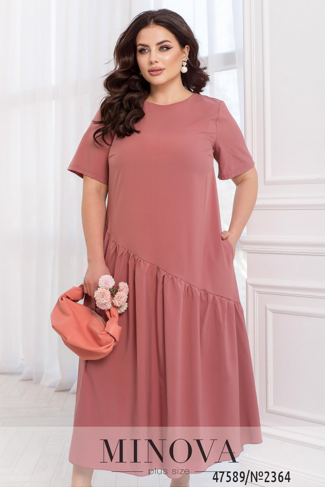 Гарне плаття літнє з асиметричним подолом колір пудра, великих розмірів від 46 до 68