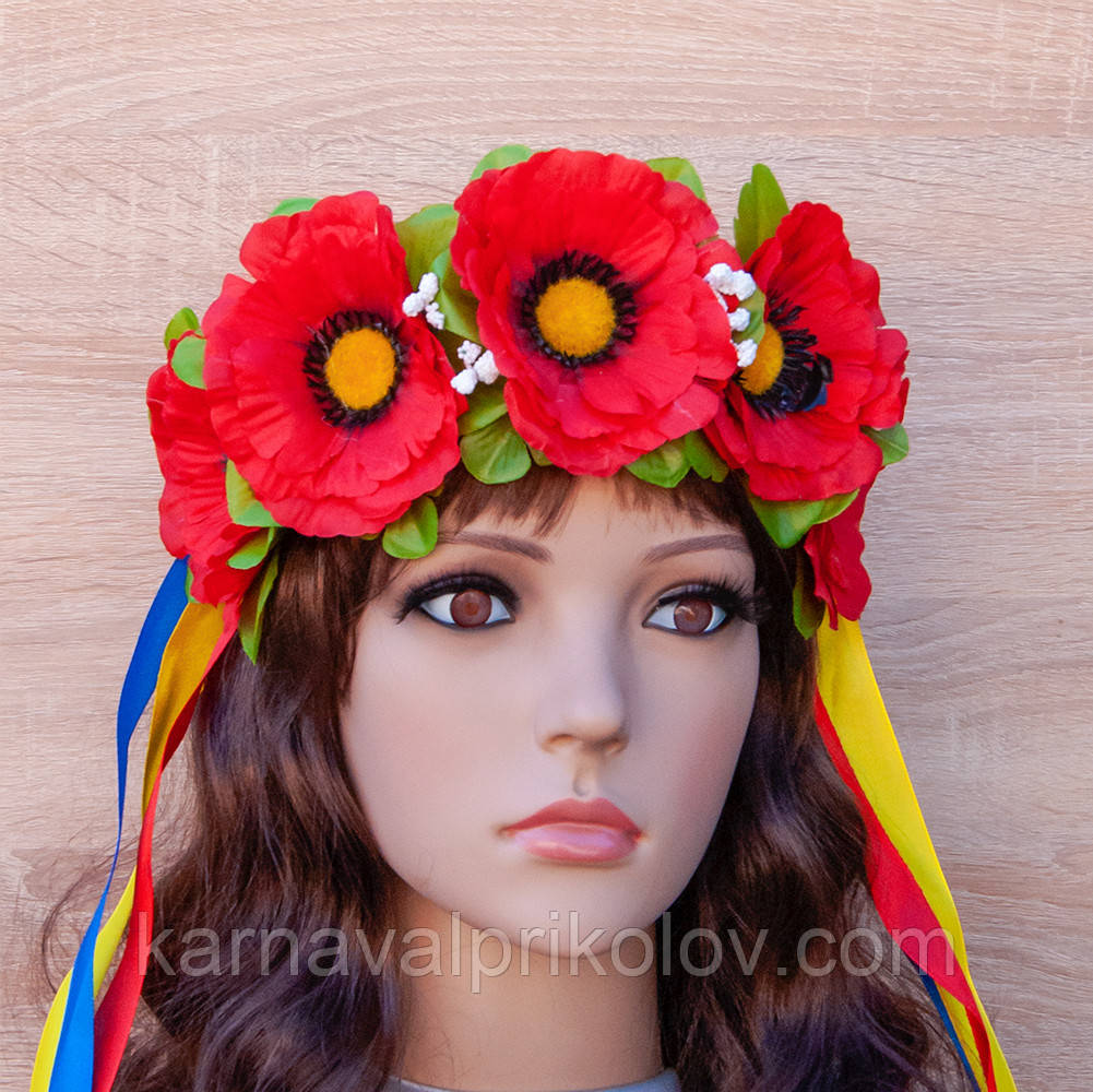 Український віночок зі стрічками на обідку Пава з червоними маками 4143