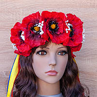 Український віночок зі стрічками на обідку Рута з великими маками 3264