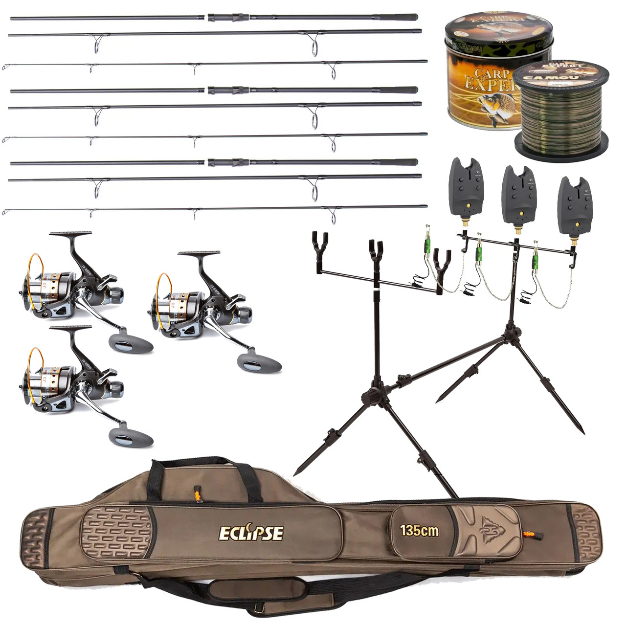 Карповий набір На 3 вудилища Feima Fos Eos Carp 3.6м з котушками + Рід-під + Сигназатори + Чохол