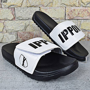 Шльопанці чоловічі сланці на липучці Luck Line, Білі шльопанці на чорній пінковій підошві