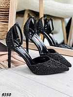 Женские туфли натуральна кожа флотар черные на высокой шпильке со стразами с острым носиком 39