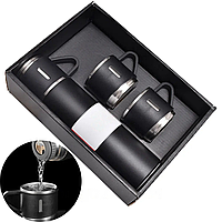 Термос с вакуумной изоляцией 3в1, +3 чашки 500 мл, Vacuum Flask Set, Черный / Подарочный набор термос