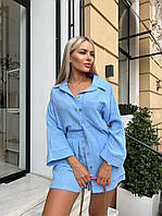 Костюм двойка женский рубашка+шорты из муслина голубой