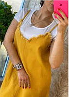 Комплект женский джинсовый коттоновый сарафан на бретельках и футболка р.46 желтый