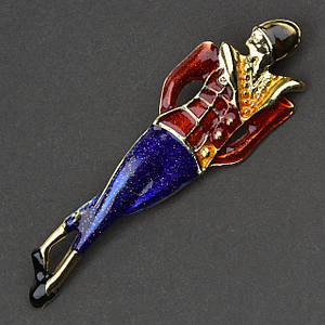 Брошка металева на золотистій основі танцю на виступі покрита кольоровою емаллю розмір 75х20 мм