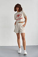 Женский спортивный комплект с шортами и футболкой - бежевый цвет, L (есть размеры)
