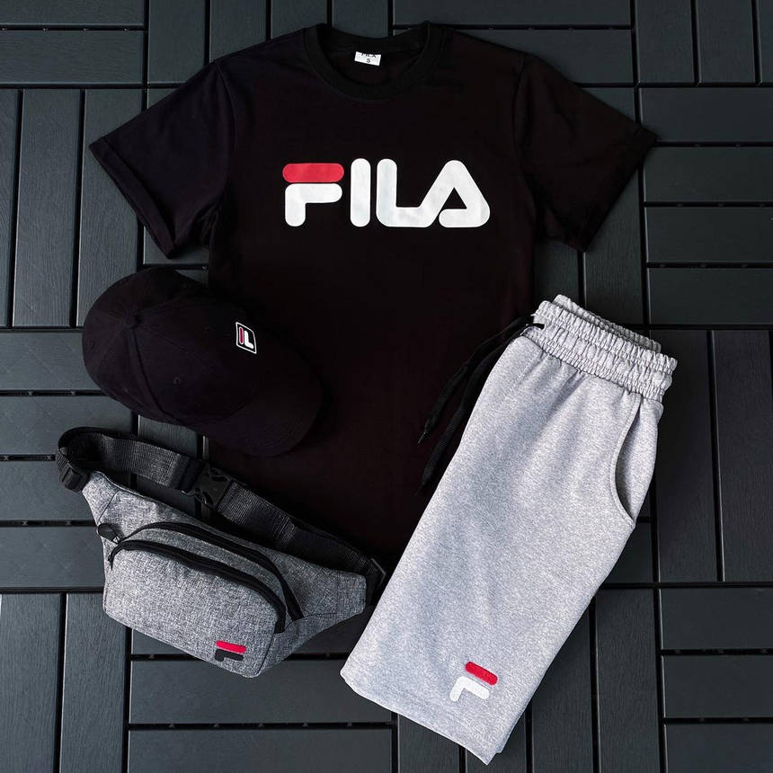 Спортивний костюм чоловічий FILA футболка шорти кепка та барсетка комплект 4 в 1 на хлопця повсякденний модний, фото 1