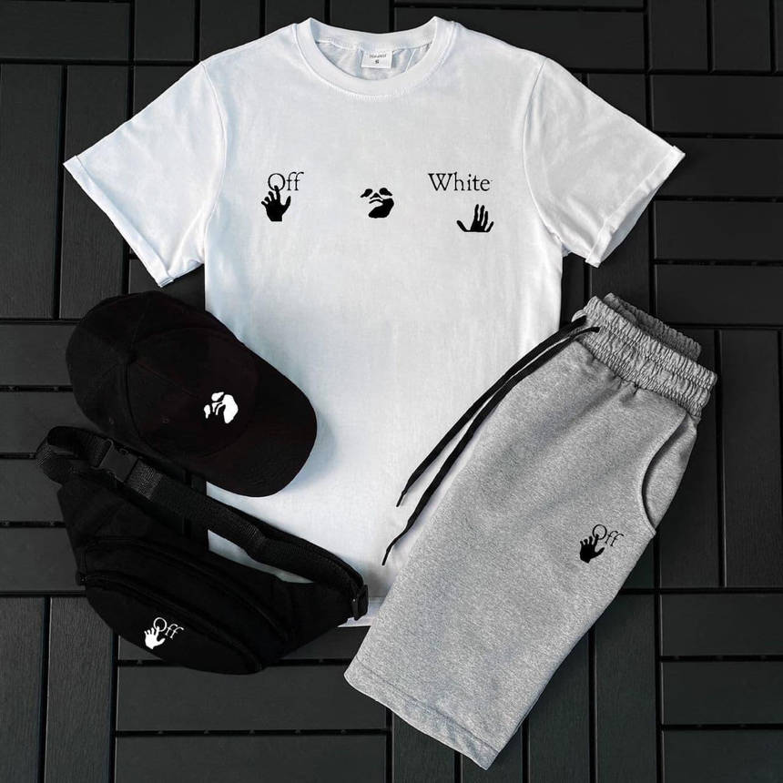 Спортивний костюм Off-White комплекти для чоловіків 4в1 шорти футболка кепка сумка-бананка повсякденний набір, фото 1