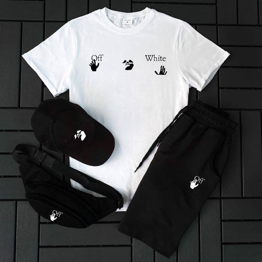 Чоловічий спортивний костюм Off-White біло чорного кольору футболка шорти повсякденні модний 2в1 комплект, фото 1