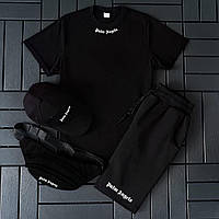 Мужской черный спортивный костюм Palm Angels шорты футболка кепка барсетка комплект 4в1 повседневный модный