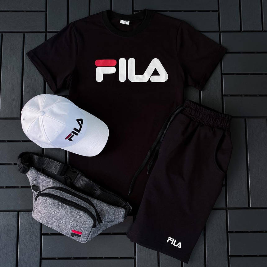 Спортивний костюм чоловічий футболка шорти кепка та барсетка Fila комплекти 4 в 1 на хлопця повсякденний модний, фото 1