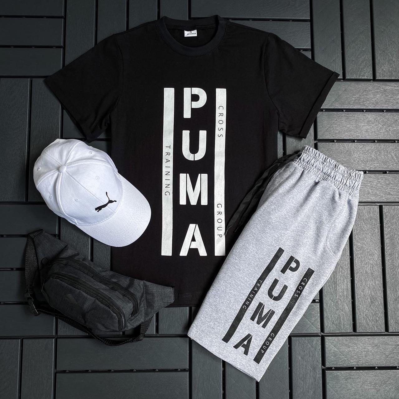 Чоловічий спортивний костюм чорний Пума 3 в 1 комплекти чоловічі Puma літній шорти футболка кепка сучасний