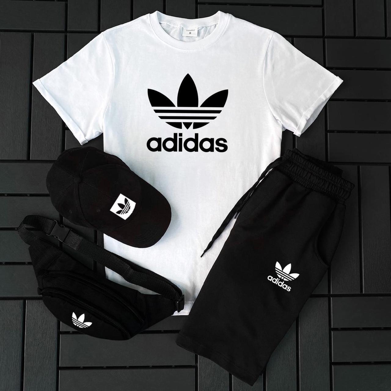 Літній спортивний костюм чоловічий 3 в 1 комплект футболка шорти кепка Adidas чорно-білий модний сучасний