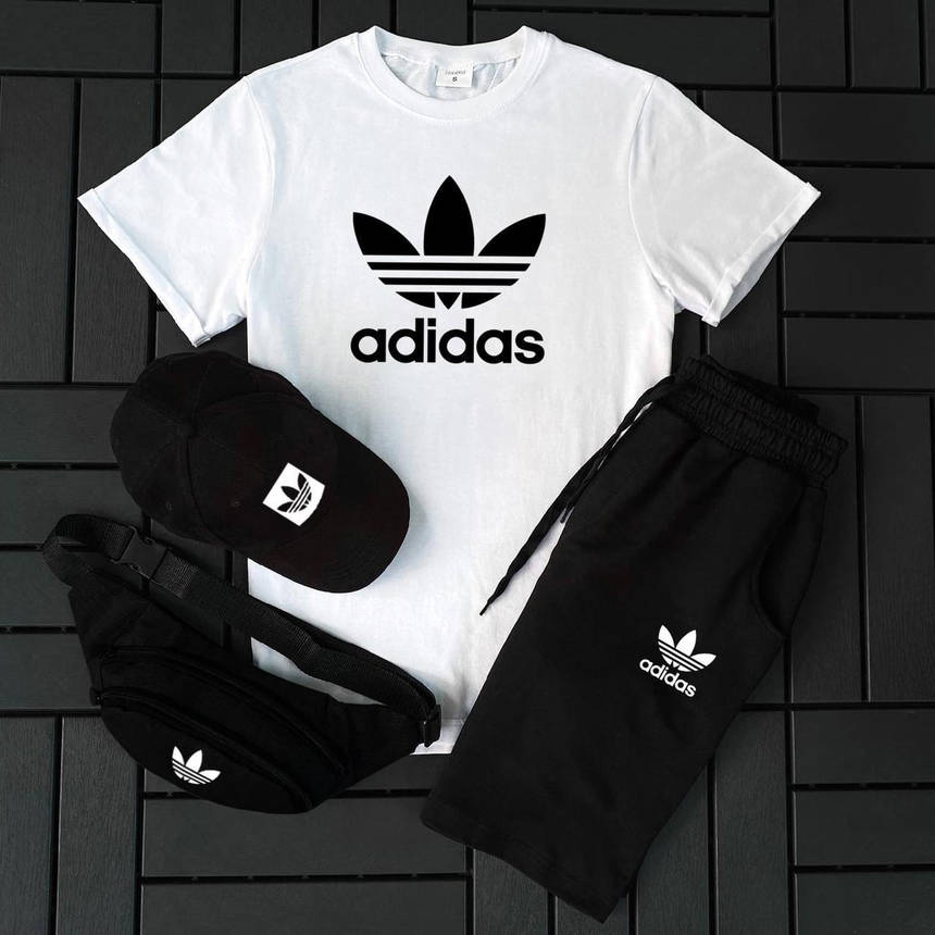 Літній спортивний костюм чоловічий 3 в 1 комплект футболка шорти кепка Adidas чорно-білий модний сучасний, фото 1
