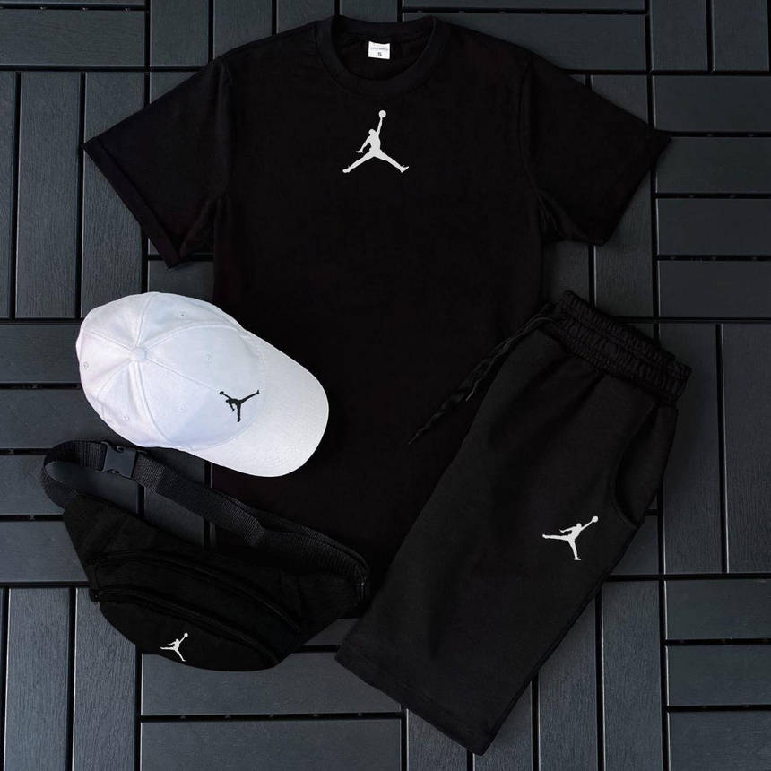 Чоловічий літній комплект чорний Jordan 2 в 1 на хлопця літній спортивний костюм комплект футболка та шорти легкі, фото 1