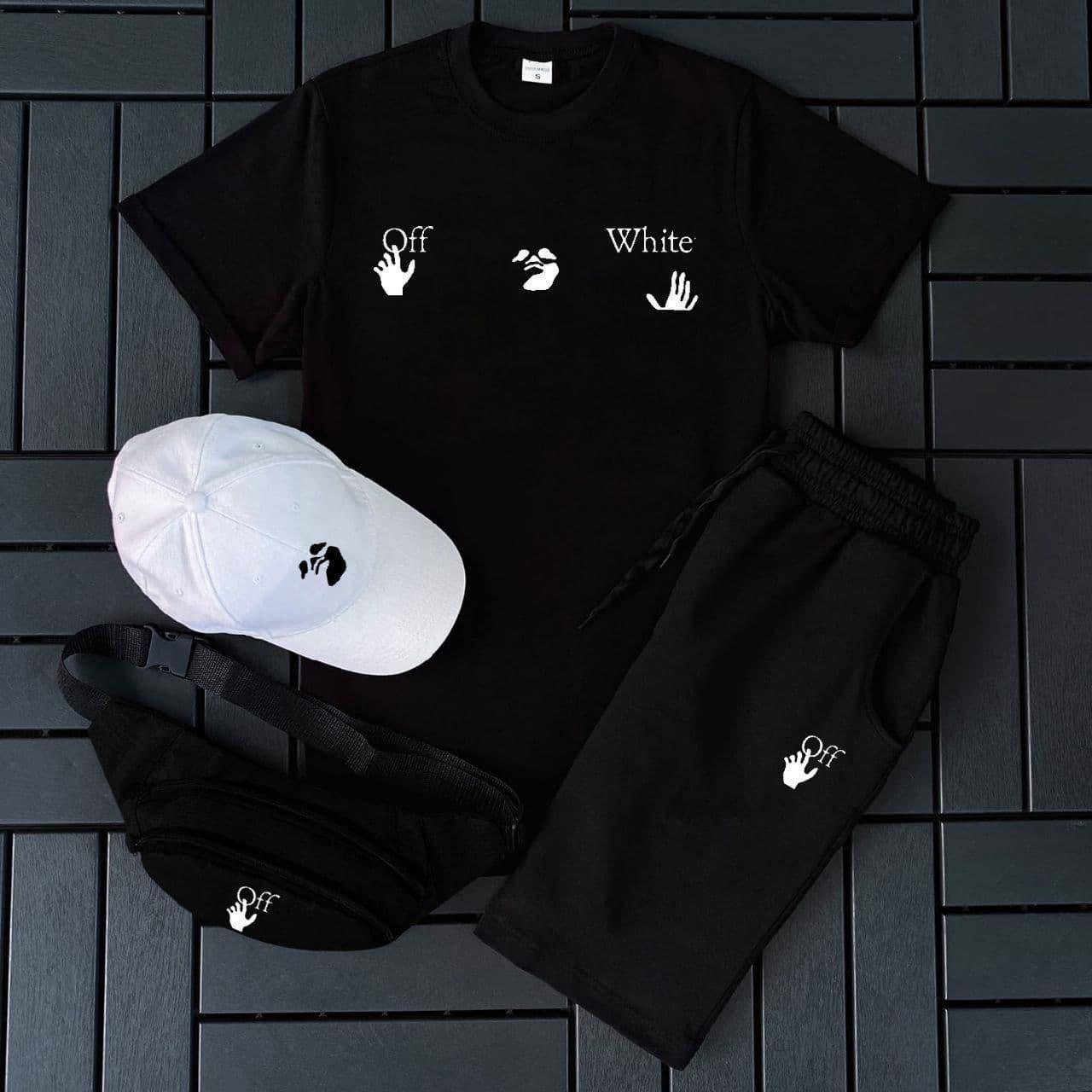 Чорний спортивний костюм чоловічий Off White футболка шорти кепка 3в1 повсякденний комплект Оф Вайт на чоловіка