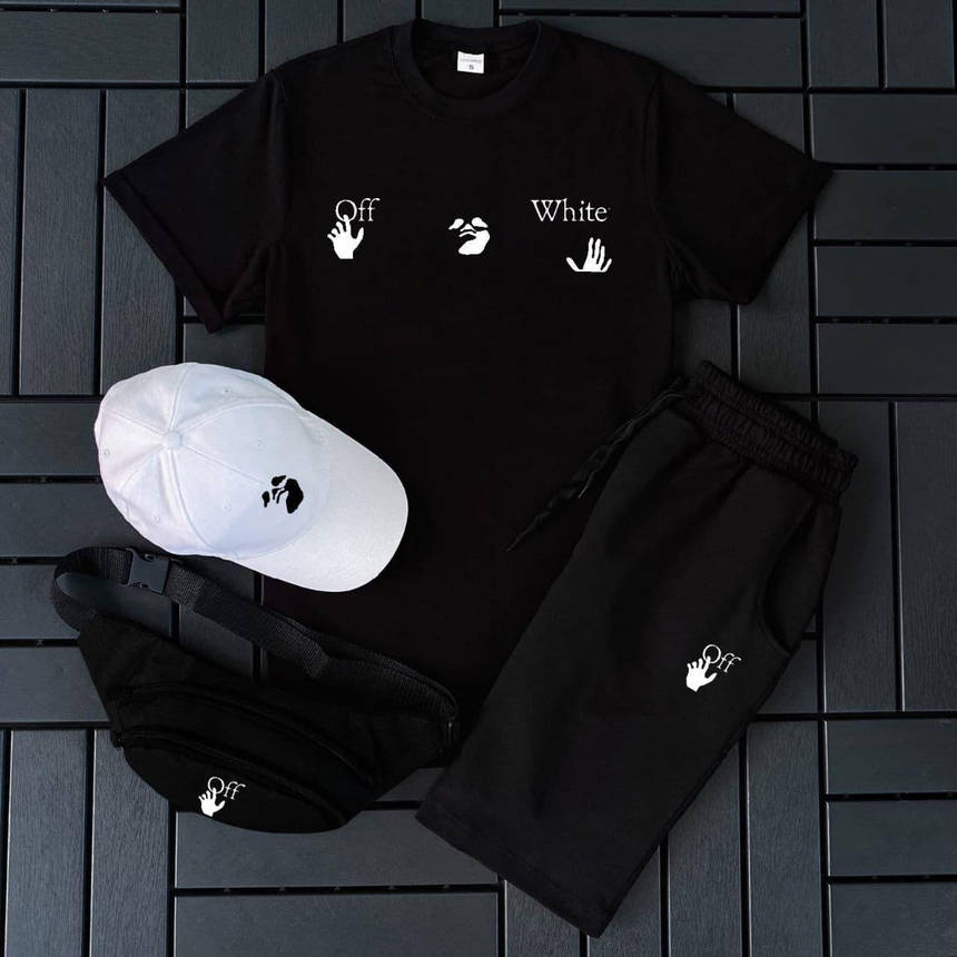 Чорний спортивний костюм чоловічий Off White футболка шорти кепка 3в1 повсякденний комплект Оф Вайт на чоловіка, фото 1