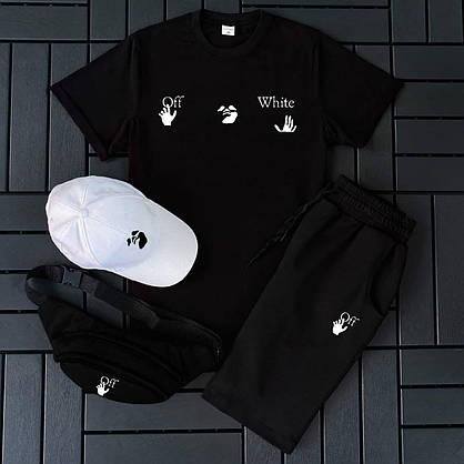 Чорний спортивний костюм чоловічий Off White футболка шорти кепка 3в1 повсякденний комплект Оф Вайт на чоловіка, фото 3