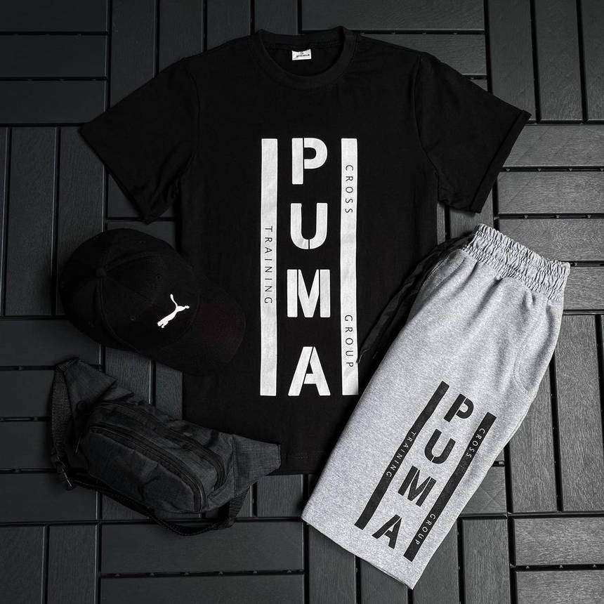Чоловічий літній спортивний комплект чорний Puma футболка шорти кепка 3 в 1 сучасний повсякденний зручний, фото 1
