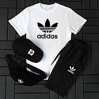 Летний спортивный костюм мужской 3в1 комплект футболка шорты кепка Adidas черно белый модный современный