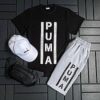 Мужской спортивный костюм черный Пума 3 в 1 комплекты мужские Puma летний шорты футболка кепка современный