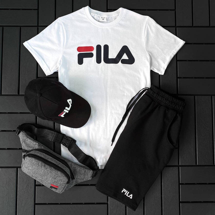 Спортивні костюми FILA чорно-біла футболка-шорти кепка комплект 3в1 модний на хлопця легкий повсякденний, фото 1