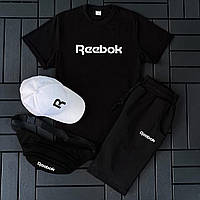 Спортивный костюм мужской черный 4 в 1 футболка кепка бананка шорты мужские на лето для подростков Reebok