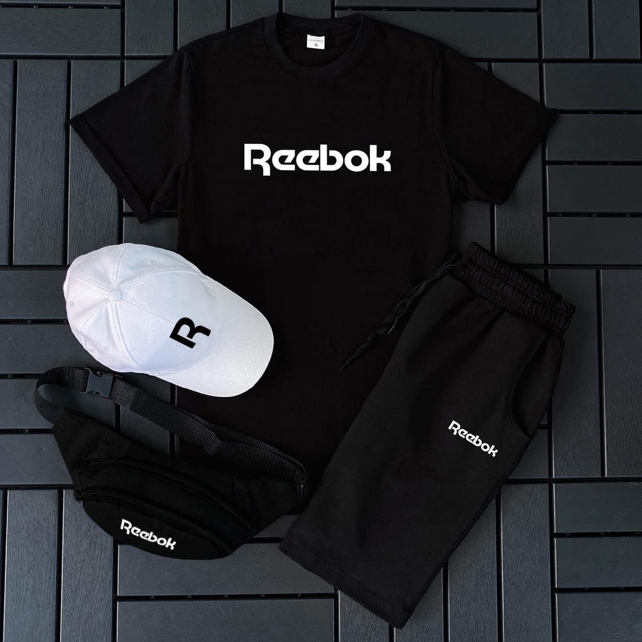 Чоловічий спортивний костюм Reebok футболка шорти кепка комплект 3 в 1 повсякденний модний для хлопця стильний