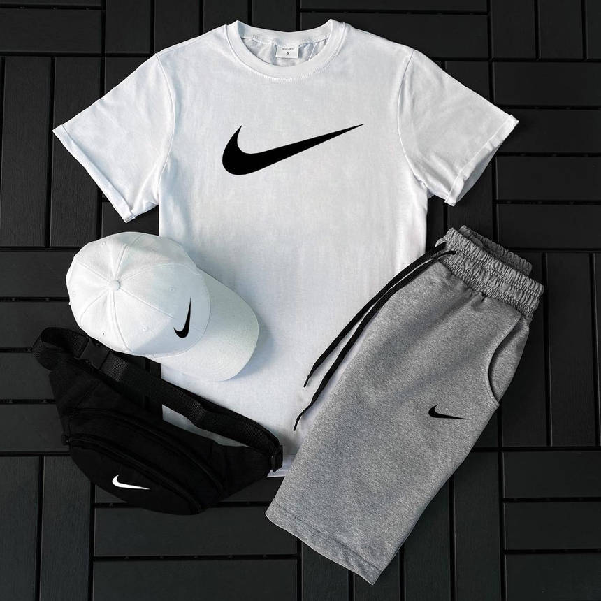 Чоловічий спортивний костюм Nike літній комплект 3 в 1 біла футболка шорти кепка комплекти чоловічі модні, фото 1