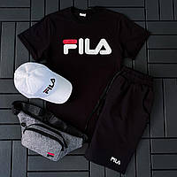 Спортивный костюм FILA чёрного цвета футболка шорты кепка комплект 3 в 1 на парня повседневный стильный
