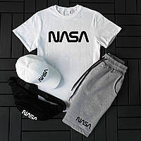 Спортивный белый летний 4 в 1 шорты футболка кепка бананка комплект NASA современный для подростков