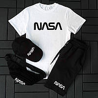 Мужской спортиный костюм бело черный летний 4 в 1 шорты футболка кепка бананка комплект NASA