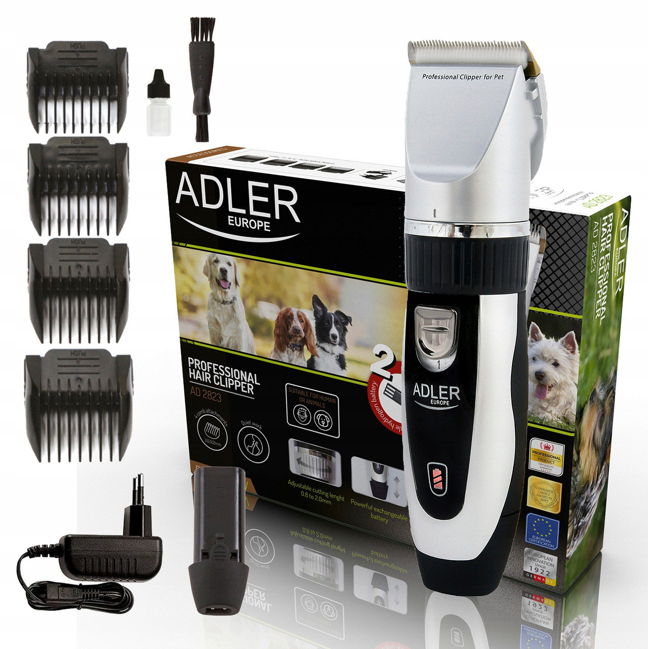 Машинка для стриження тварин Adler 35 Вт, 2 знімні акумулятори, 4 насадки (AD 2823)