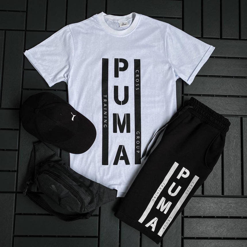 Чоловічі літні спортивні костюми Puma футболка шорти та кепка комплекти для хлопців модні трійка 3 в 1, фото 1
