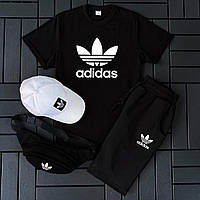Мужской черный спортивный костюм комплект футболка шорты кепка Adidas 3в1 комплекты летние на парня модные