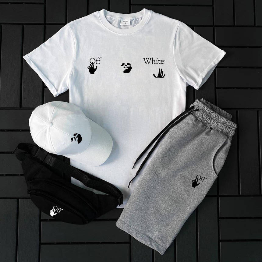 Спортивний костюм чоловічий футболка шорти кепка Off-White 3в1 комплекти для чоловіків модні стильні зручні, фото 1