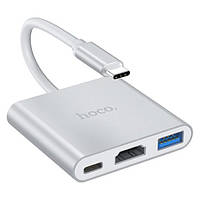 HOCO Type-C Easy Use HB14 |Type-C to USB3.0/HDMI/Type-C PD| переходник хаб Silver HUB адаптер