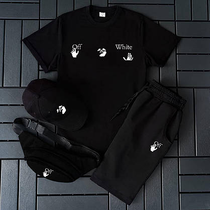 Чорний спортивний костюм чоловічий Off White футболка шорти кепка 3в1 повсякденний комплект Оф Вайт на чоловіка, фото 6