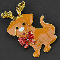 Брошь металлическая на золотистой основе собака в новогоднем образе покрыта цветной эмалью размер 60х40 мм