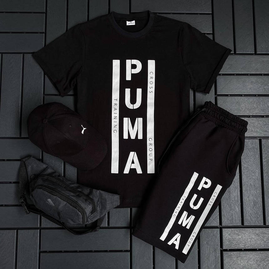 Чоловічий спортивний костюм чорного кольору Puma комплект 2 в 1 чоловічі футболки шорти сучасні та модні, фото 1
