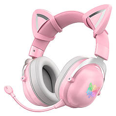 Бездротові ігрові навушники ONIKUMA B100 з RGB-підсвічуванням та котячими вушками, рожеві