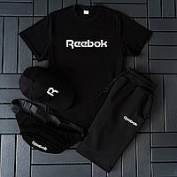 Спортивный костюм мужской Reebok комплект футболка шорты кепка черного цвета 3в1 повседневные модные комплекты