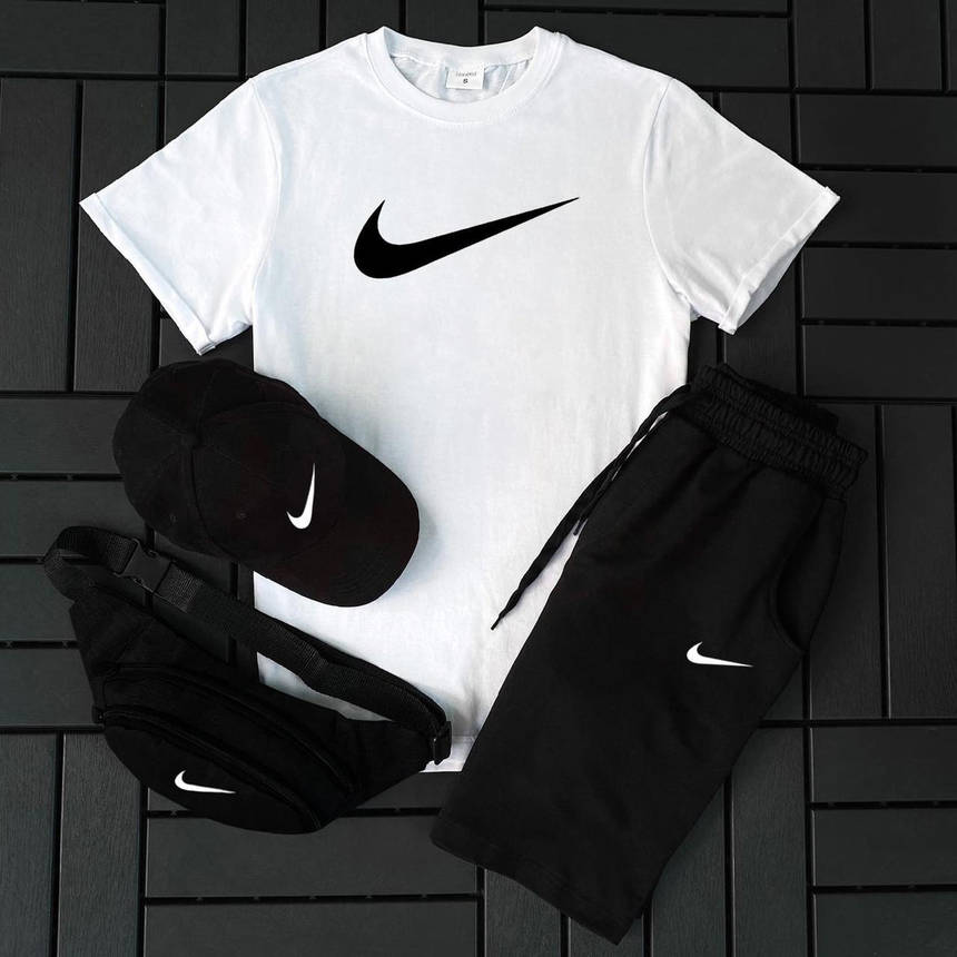 Літній спортивний костюм чоловічий Nike біло-чорний комплект 3 в 1 футболка шорти кепка комплекти чоловічі легкі, фото 1