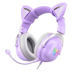 Ігрові навушники ONIKUMA з мікрофоном, котячими вушками та LED RGB підсвічуванням, фіолетові