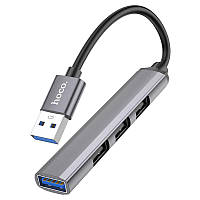 Адаптер-переходник USB-Хаб Hoco, 4 в 1, Type-C to 1xUSB3.0 + 3xUSB2.0, Металлический серый