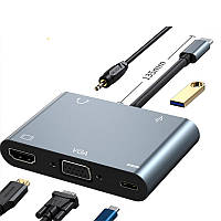 JBH адаптер-хаб Type-C, USB3.0/HDMI/Type-C PD, AUX 3.5, серебристый