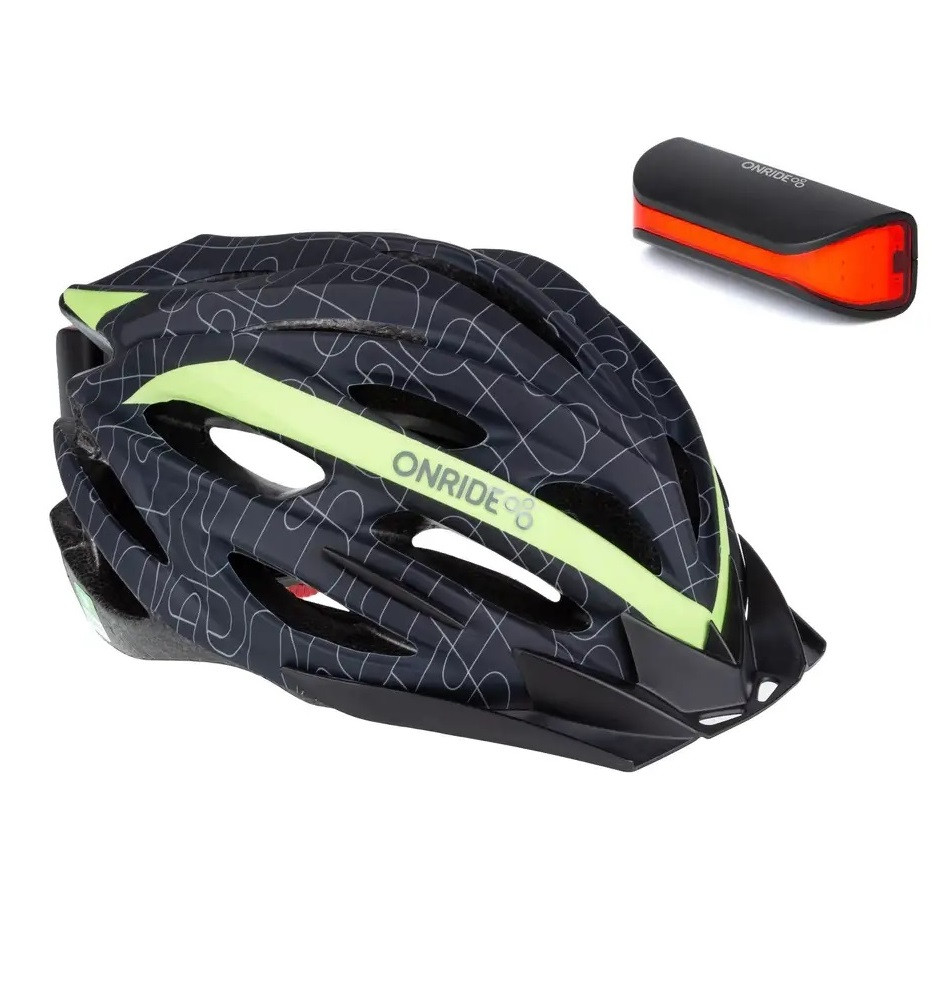 Шолом велосипедний Onride Grip M 55-58 Black/Green + мигалка Onride Slit
